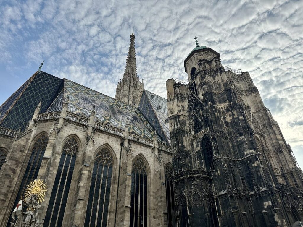 St. Stephen's Cathedral in Vienna with its striking towers and Gothic elements under a cloudy sky.