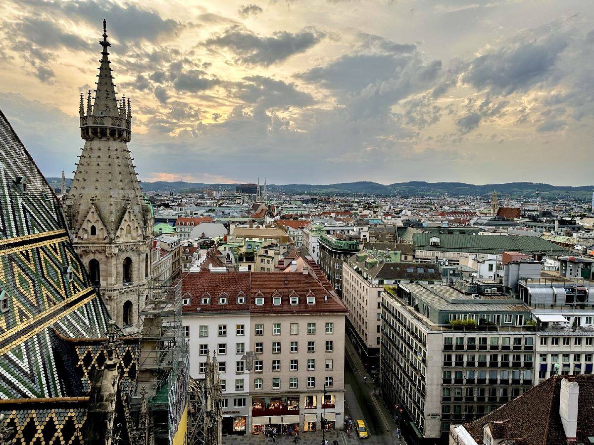 Blick auf die Stadt Wien mit historischen Gebäuden und einem markanten Turm im Vordergrund, unter einem bewölkten Himmel.
