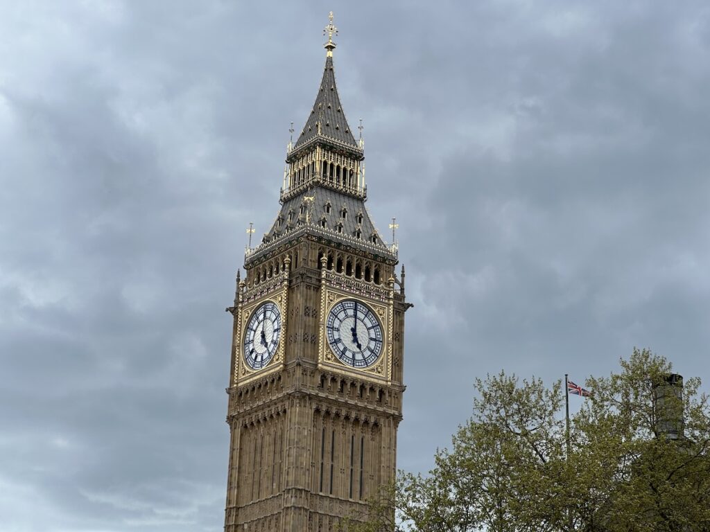 Big Ben in London with rainy clouds