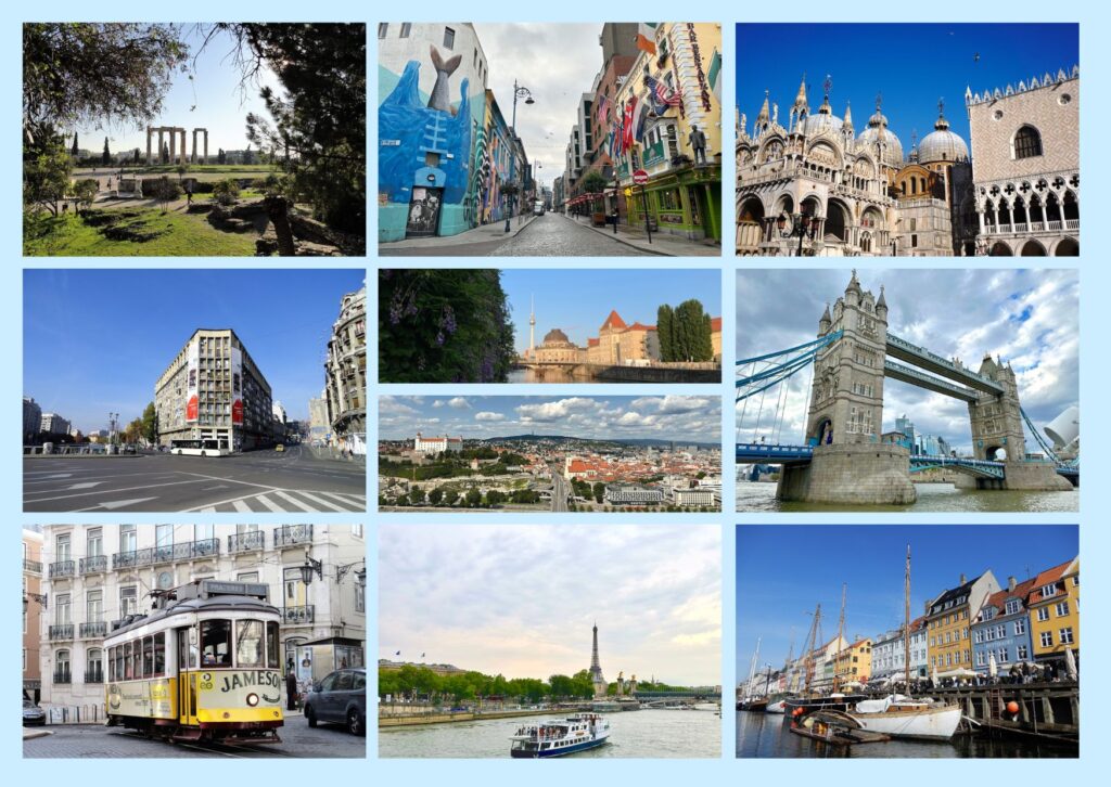 Collage of cityscapes featuring various architectural styles and landmarks.